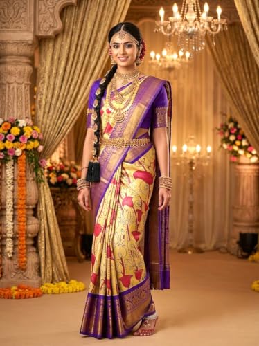 Image of VFCollections Women's Kalamkari Kanchipuram Silk Pattu Sarees With Blouse