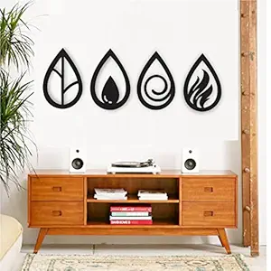 300Sparkles 4 Elements Wooden Wall Decor Water Drop Shape Hanging Frame Home Decorative Gift Item For Office Living Room Bedroom Kid's Room Decoration Black 4 Pcs Set