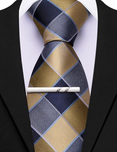 Image of Barry.Wang Plaid Ties Mens Silk Necktie and Tie Clip Checkered Tie for Wedding Party Business Formal