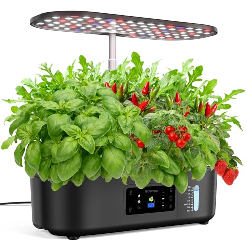 GOLUMUP Hydroponisches Anzuchtsystem Smart Garden mit Automatisches Timer 24W LED Pflanzenlampe und 13 Hülsen Indoor Kräutergarten Höhenverstellbar bis zu 41cm(Schwarz)