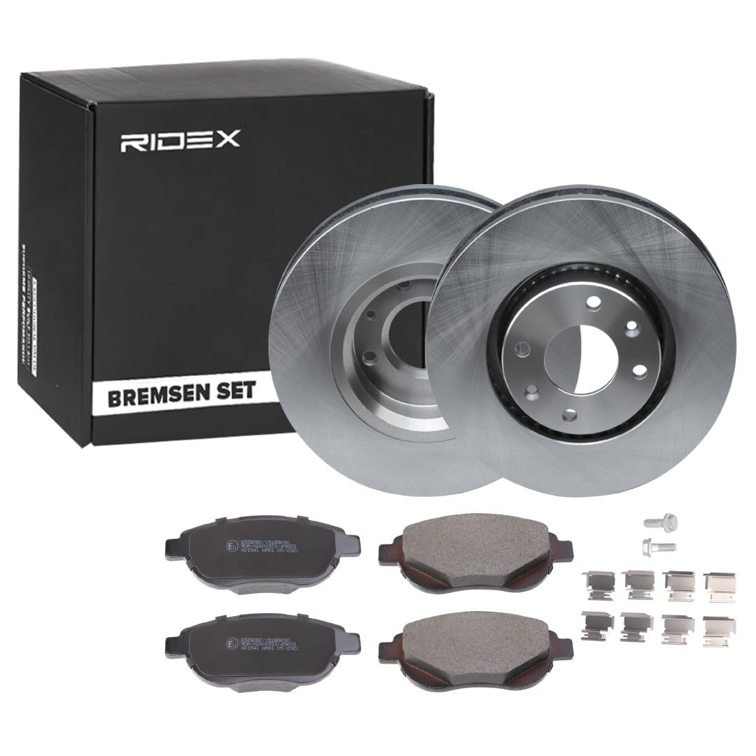 RIDEX 3405B1420 Juego para eje Kit de discos de freno y pastillas Delantero sin buje de rueda con tornillos pinza freno Compatible con PEUGEOT 207 WA, WC