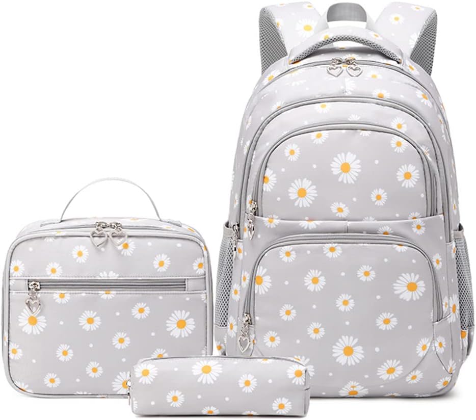 YJMKOI 3Pcs Daisy Prints Backpack for Girls Middle-School Elementary Students Bookbag Set with Lunch Box (Grey)