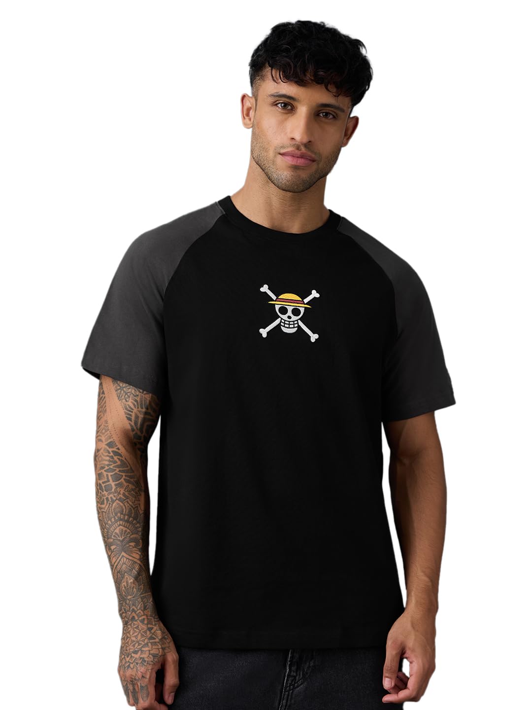 the souled store One Piece: Jolly Roger Men and Boys Short Sleeves Round Neck Black and Dark Grey Embroidered Regular Fit Casual Lightweight Streetwear Trendy T-Shirts-picture-41