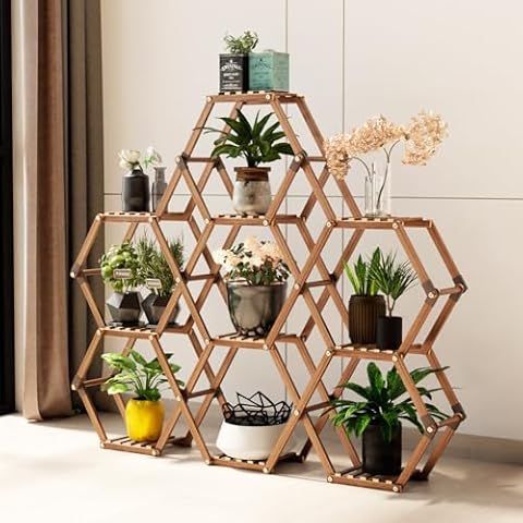 Upgraded Hexagonal Plant Stand 7 Tiers, Wooden Plant Stands for Indoor and Outdoor Hexagon Plant Shelf For Multiple Plants, More Large Plant Flower Stands for Corner Window Balcony Garden Courtyard Cover