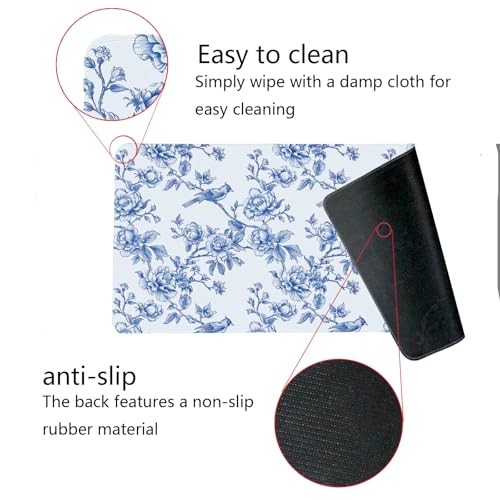 Image of Navy Blue Chinoiserie Mouse Pad,Vintage Blue and White Floral Desk Mat,XL Large Flowers and Birds Preppy Mouse Pad,Girly Laptop Desk Mat for Dorm Home Office,23.6x11.8 Inch