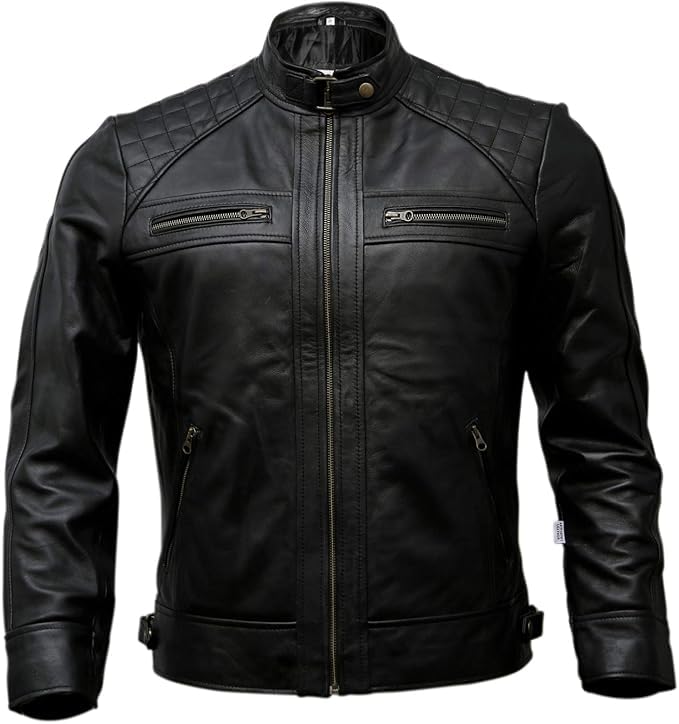 Image of Genuine Leather Men's cafe racer jacket Sheepskin Stand Collar Trucker real leather Jacket