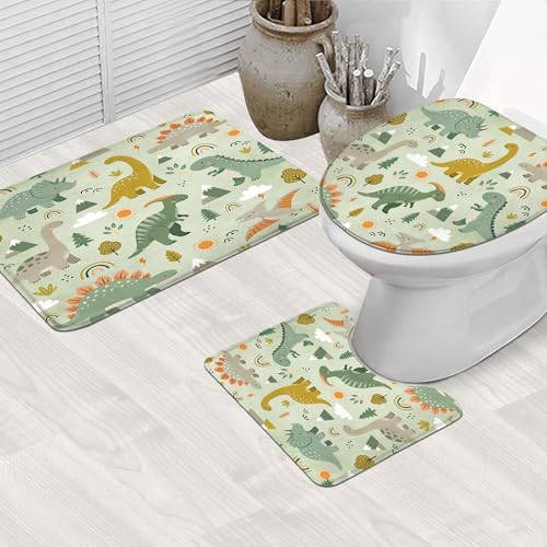 Image of 4PCS Kids Dinosaur 71Wx71H Inches Green Plant Leaves Botanical for Boys Shower Curtain Sets with Rugs, Toilet Lid Cover and Bath Mat, Cute Bath Accessories Art Home Decor Fabric 12 Pack Hooks