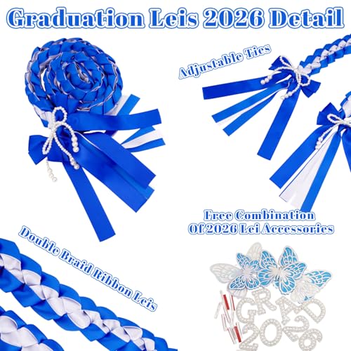 Image of Class of 2026 Graduation Leis,Blue& White Bow Pearl Graduation Lei Ribbon with DIY Butterfly Pin Accessories,Her Graduation Gifts for Woman Graduate