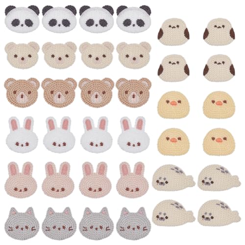 FINGERINSPIRE 32 apliques de ganchillo, 8 estilos, bonitos animales para coser, conejo, pájaro, foca, pequeños diseños de animales de punto, para manualidades, diademas, vaqueros, mochilas, decoración