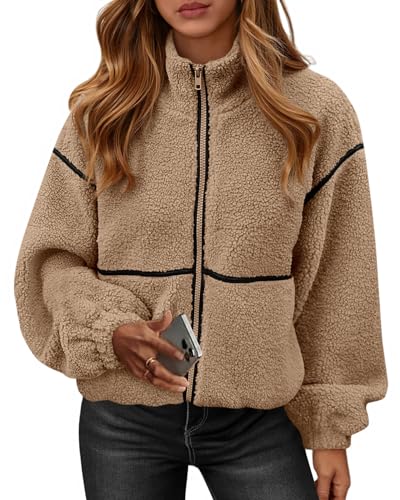 KIRUNDO Fleece Jacket Women Sherpa Oversized Zip Up Fall Jackets Winter Coats Faux Fur Warm Outwear 2025 Fashion Clothing(Khaki, Small)