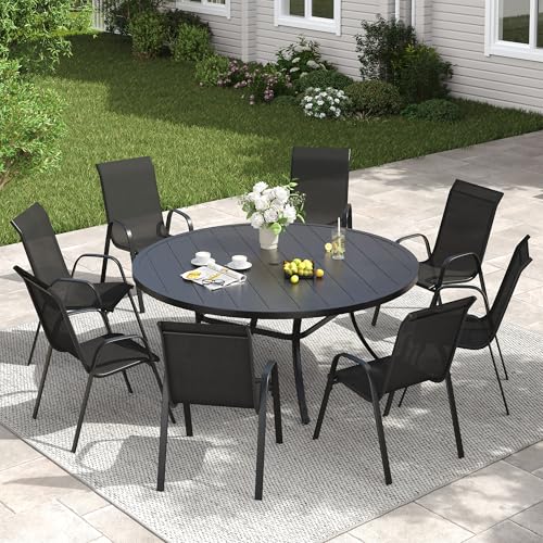 Image of VICLLAX Outdoor Dining Set for 8, All Weather Metal 9 Pieces Patio Set-53 Round Outdoor Table and Stackable Chairs for Lawn Garden and Backyard, Black Tabletop