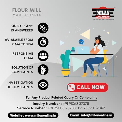 Image of Milan Fully Automatic Domestic Flour Mill Machine - Atta Chakki, Aata Maker, Ghar Ghanti | 8-10 Kg /Hr Grinding Capacity, 4.5 Kg Hopper | 2880 RPM Motor | Low Voltage Operation (175V)(Royal Bloom)