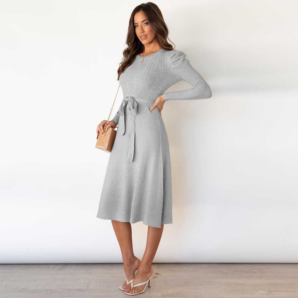 IDOPIP Femmes Automne Hiver Pull Robe Chandail Manches Longues Élégante Tricot Col Rond Midi Robe