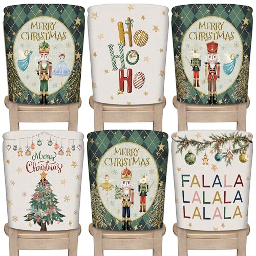 Image of Christmas Chair Covers Set of 6 Green Nutcracker Christmas Tree Chair Back Covers Holiday Dining Chair Slipcovers Protector Kitchen Dining Room Decor Festival Party Decoration