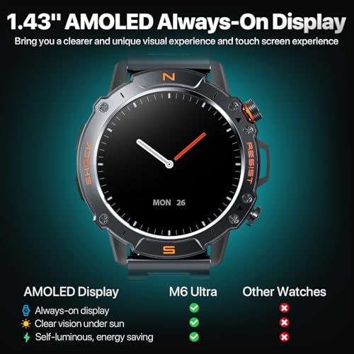 Image of Rugged Smart Watch for Men, 5ATM Waterproof, 170+ Sports Modes, 1.43 inch AMOLED Round Health Fitness Tracker Watch, Tactical Military Smartwatch Compatible with iPhone Android, Stainless Steel Metal Band