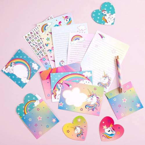 WERNNSAI Briefpapier Set, Einhorn Briefpapier mit Umschlag, 69 Stücke Schönes Briefpapier mit Kartenumschlag, Grußkarte, Aufkleber, Kugelschreiber für Mädchen Weihnachten Geburtstagsgeschenke