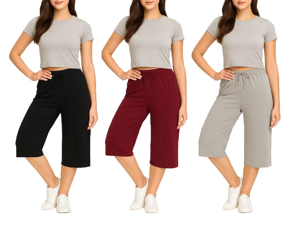 brand flex Women's 3/4th Capri, Cotton Capri With Loosefit For Girls (Black, Grey, Marrone) 3Pack-picture-30
