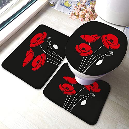 Badezimmerteppich-Set, 3-teilig, Blumenrote Mohnblumen auf schwarzem Hintergrund, waschbare Badeteppiche, rutschfest, mit Rückenpolster, Konturteppich und Toilettendeckelbezug