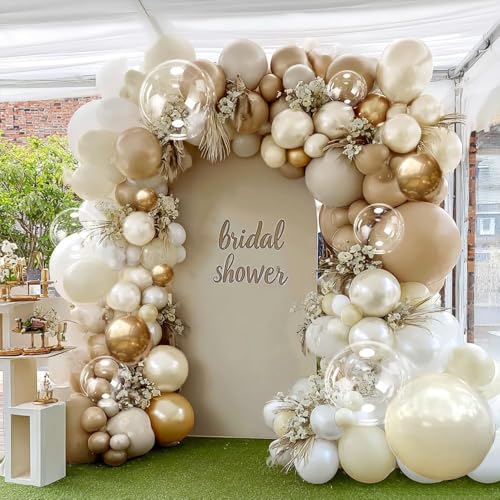 White Sand Gold Balloon Garland, Double Stuffed Pearl White Gold