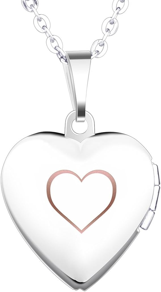 Infinite U Double Hearts Women Pink Open Heart Photo Locket Stainless Steel Pendant Necklace for Wedding