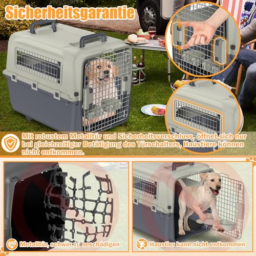 XMTECH Hundetransportbox Transportbox Flugzeugbox für Tiere, Reisebox für Hunde, mit Sicherheitsverriegelung & Lüftungsgitter, L 67 x B 51 x H 45 cm