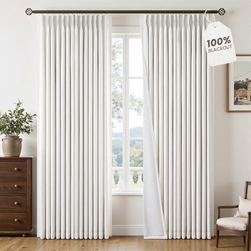 Topfinel Pinch Pleated Curtains Blackout 84 Inch 2 Panels Set, Dual Layer Natural Linen 100% Blackout Panels for Bedroom Living Room, Neutral Farmhouse Aesthetic Beige White Drapes 40" W*84"