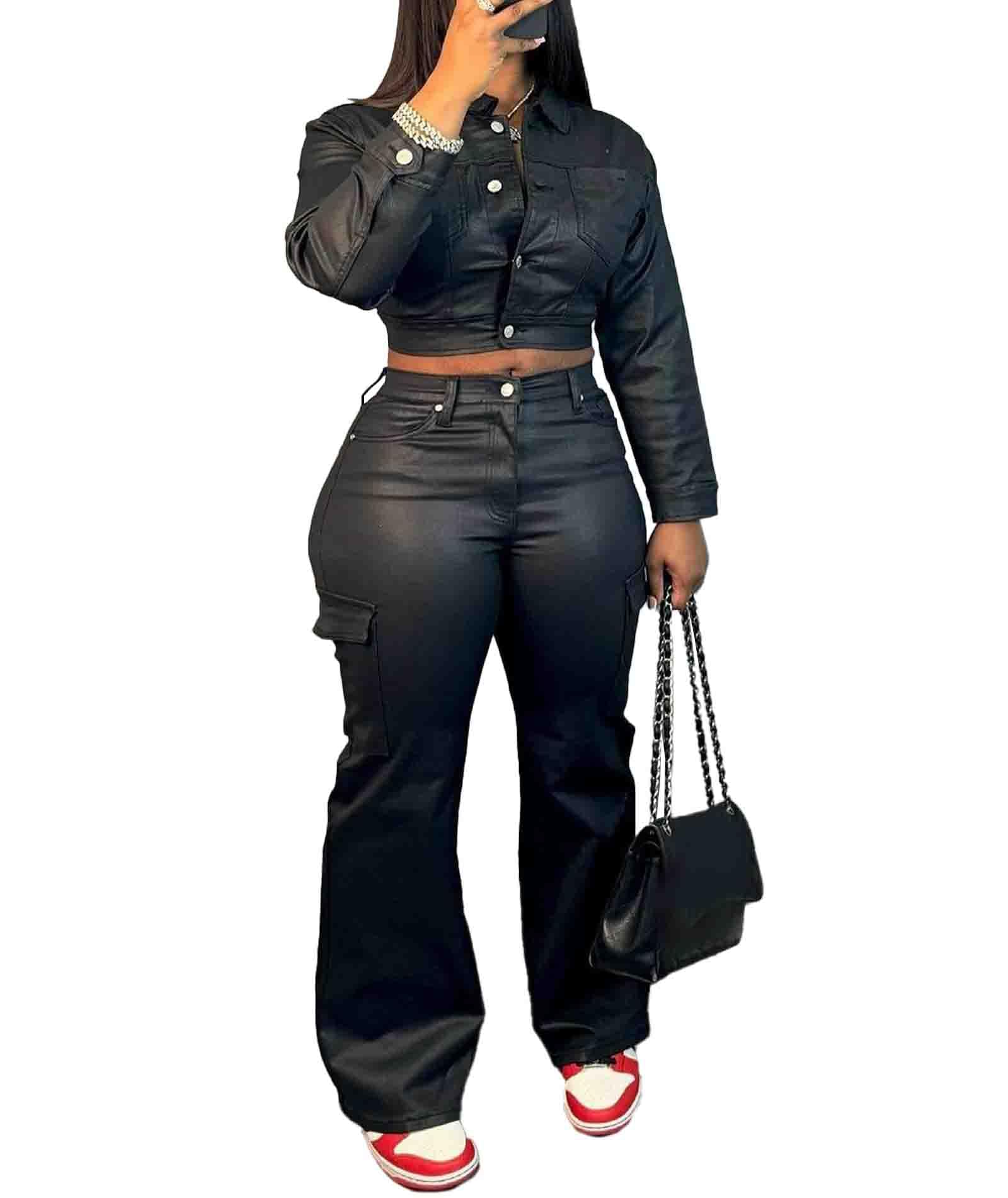 SEMATOMALA Womens Cargo Leather 2 Piece Outfit Long Sleeve Crop Jacket and Flare Pants Set
