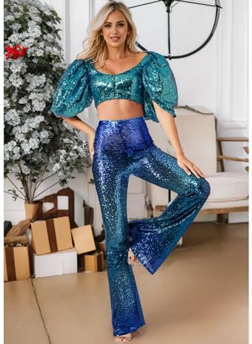 EVALESS Women Sequin Pants Sparkly Glitter High Waisted Wide Leg Flare Trousers Bell Bottom Night Out Clubwear3