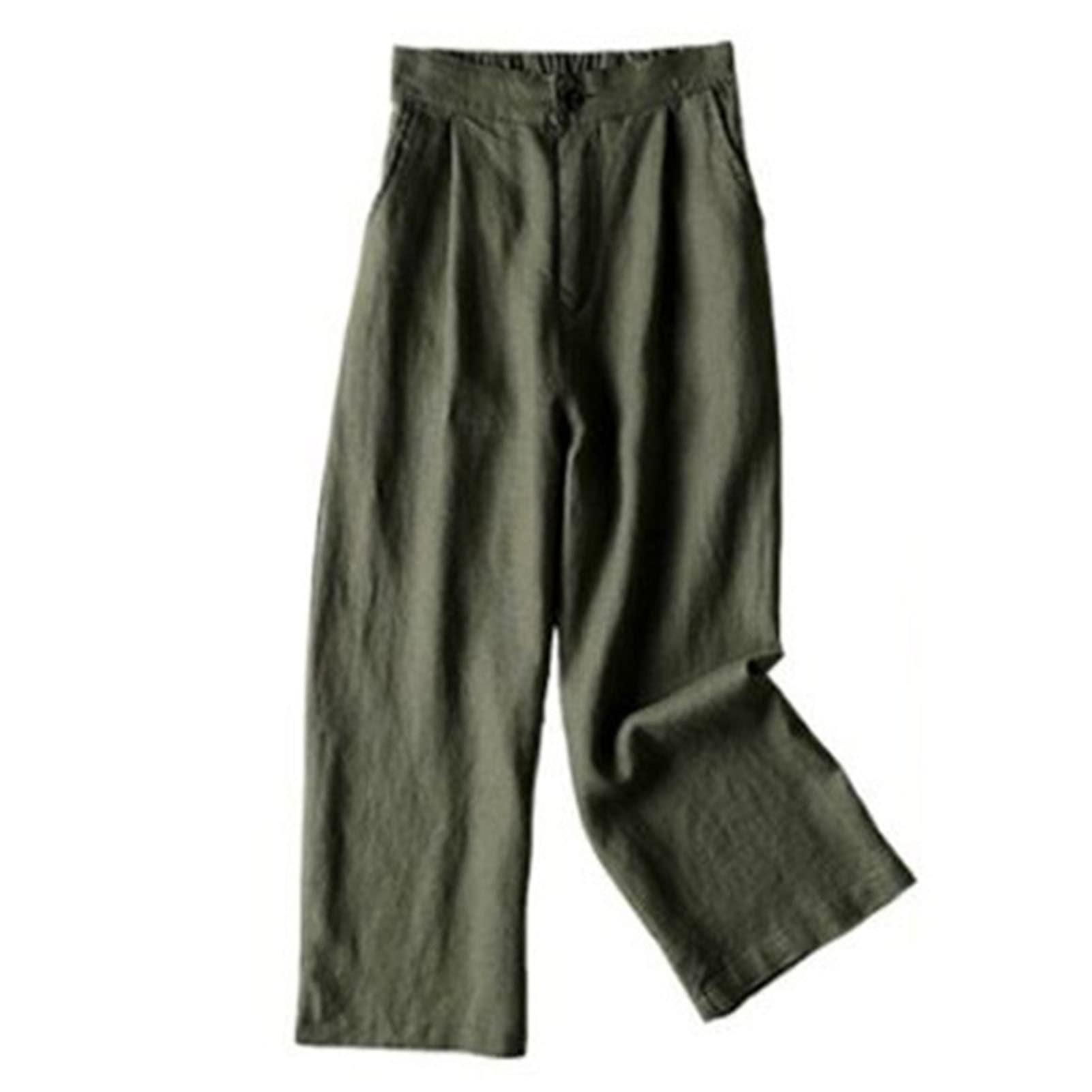 Maiyifu-GJ Womens Linen Cropped Wide Leg Pants High Waisted Button Down Long Trousers Stretch Straight Summer Casual Pant