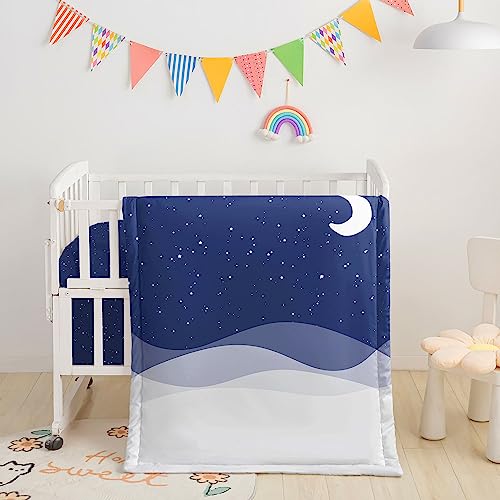 Image of Crib Bedding Set,3-Pcs Nursery Crib Bedding With Comforter, Sheet & Skirt,Blue Starry Sky Moon Printed Bedding for Baby Boys & Girls (Blue Moon)