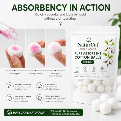 Image of Enriched Premium 100% Pure Cotton Balls (140 Pieces) | Ultra-Soft, Lint-Free & Highly Absorbent | Resealable Moisture-Proof Pouch for Skincare, Baby Care, Makeup Removal & First Aid