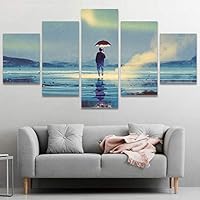 5 Panel Canvas Wall Art Northern Lights Aurora Borealis Over Man Holding Umbrella Lights Pictures Modern Artwork for Home Decorations Ready to Hang - 60