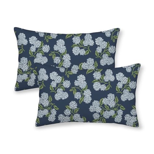 DAFENA Navy Blue Spring Pillow Covers 12x20 Inch 2 Pcs Blue Green Hydrangea Flower Decor Throw Pillows Vintage Floral Seasonal Summer Outdoor Decoration Pillowcase Linen Cushion Cover for Couch Sofa