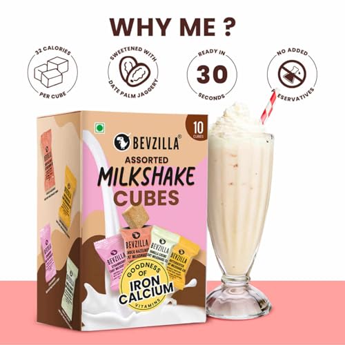 Image of Bevzilla 200g Instant Iced Coffee Powder | Perfect Cold Coffee + 10 Assorted Milkshake Cubes (Hazelnut Chocolate, Strawberry, Creamy Vanilla, Butterscotch) | Hot & Cold Beverage Combo (Pack of 3)