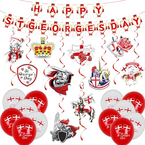 BUSCANDO England St. Georges Day Decorations Banner Bunting Swirls Balloons Streamers - Red - 15cm x 15cm - Polyester/Nylon - Indoor/Outdoor - St. Georges Day Occasion