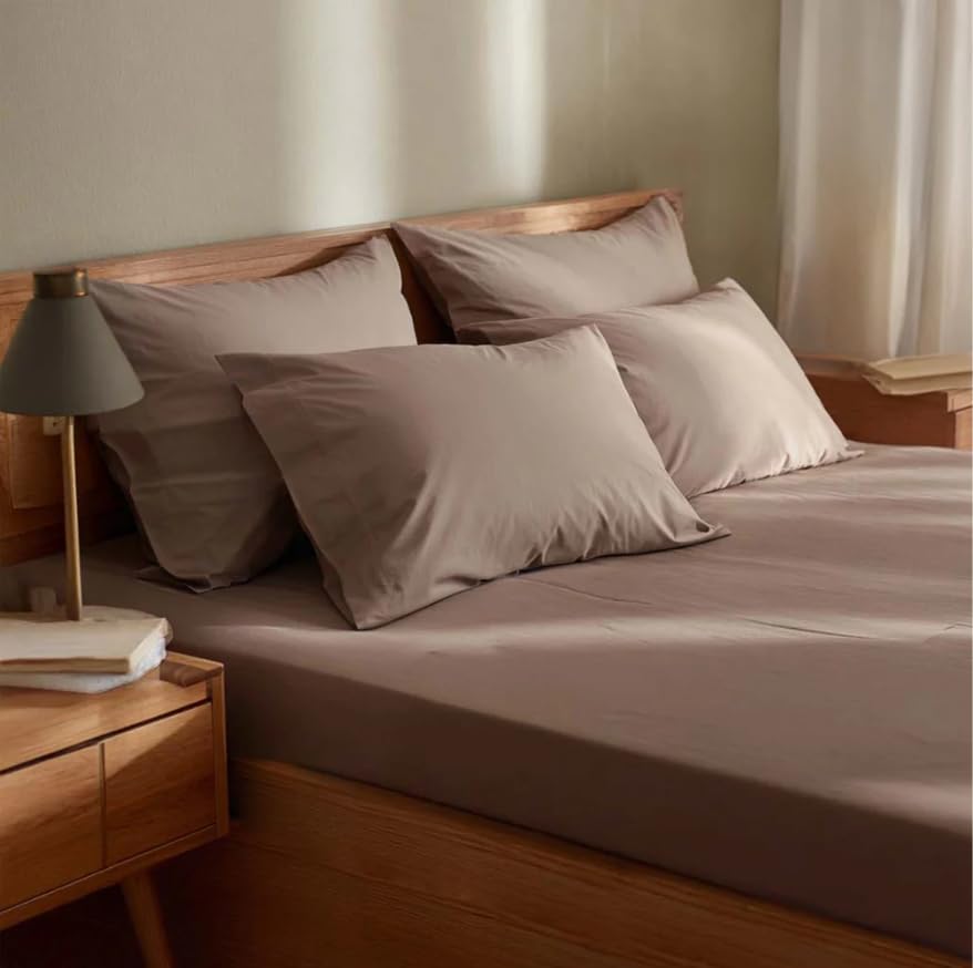 Image of Riverbed Brown Queen Fitted Percale Temperature Regulating Bedsheet Set - 100% Cotton, Soft Fitted Bedsheet 80x60 in + Pillow Covers 18x27 in, Lightweight Bed Linen for All Seasons