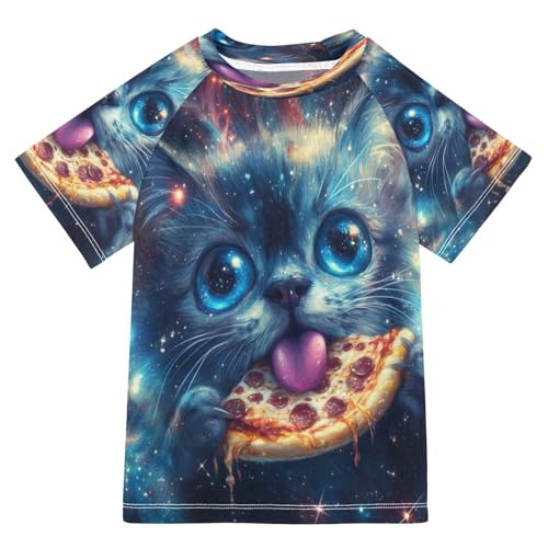 Boys Short Sleeve T-Shirts Cat Portrait Pizza Rashguard Kids Swim Shirts Sun UPF 50+