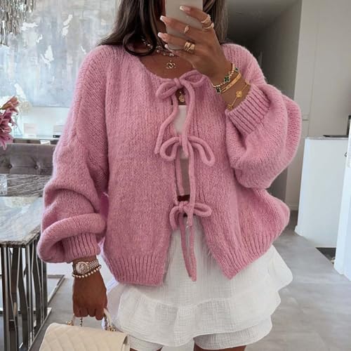 Image of Women Casual Bow Tie Front Cardigan Sweater Solid Crew Neck Long Sleeve Self Tie Open Front Knit Sweater Top Fall
