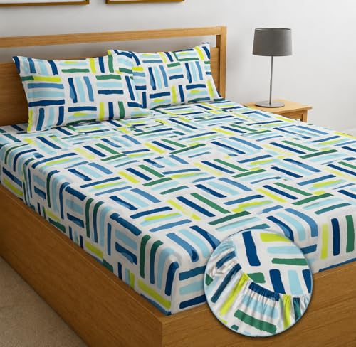 Image of Premium Cotton Fitted Bedsheet King Size Bed with 2 Pillow Covers | All Around Elastic | 220 TC | Wrinkle Free & Breathable | Deep Pocket Fits Mattress Upto 10 Inches | Bed Cover-Blue Green