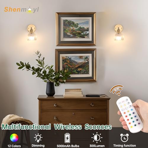 Image of Shenmoyl Vintage Battery Operated Wall Sconce with Clear Tulip Glass Lampshade 5000 mAh Rechargeable Battery Powered Wall Light with Remote Control for Bedside Bedroom Doorway, Set of 2
