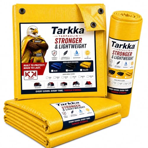 Image of Tarkka 15x12ft Yellow Tarpaulin Sheet, 120 GSM Virgin Waterproof Tirpal /Tadpatri Cover with Reinforced Eyelets & UV Protection for Home, Farm & Truck, 1 Sheet
