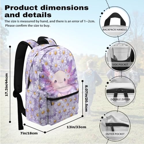 Suobstales Purple Axolotl Daisy Print 5 Pack Kids Backpack with Lunchbox for Toddler Kindergarten School Bag Set with Pencil Case Water Bottle Sleeve Keychain Middle-School Elementary Bookbags3