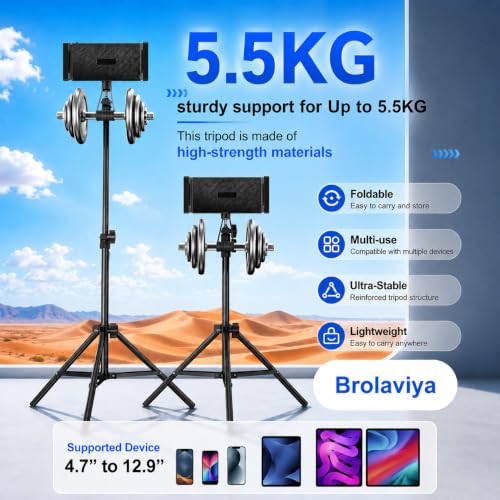 Image of BROLAVIYA Tablet Tripod Floor Stand, Adjustable up to 75 inch, Fits 4.7 inch-12.9 inch Phones & Tablets, Compatible with iPad Pro /Air /Mini, Galaxy Tab, for Live Streaming, Office, Cooking & Fitness