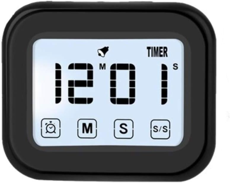 Kitchen Timer Digital Alarm Clock LCD Touchscreen Magnetic Backing Come with Night light 2 Modes Mute/Ring, Black (1)