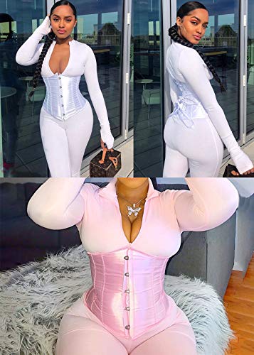 Nihsatin 3 Piece Outfits For Women Long Sleeve Corset Waist Stretch Jumpsuits With Tumb Hole Pink #TOP1