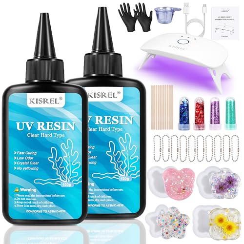 KISREL UV Resin Jewelry Making Kit 200g Crystal Clear Resin with Light and Molds DIY Jewelry Making Kit Resina Starter Kit for Keychain and Earring