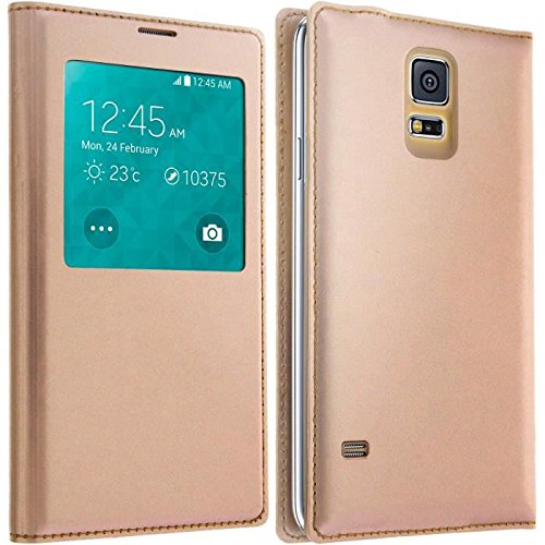 Jienuoda PHONE18® Etui Housse S-View Flip Cover pour Samsung Galaxy Alpha + 2 Films de Protection + Mini Stylet Screen Touch - Or