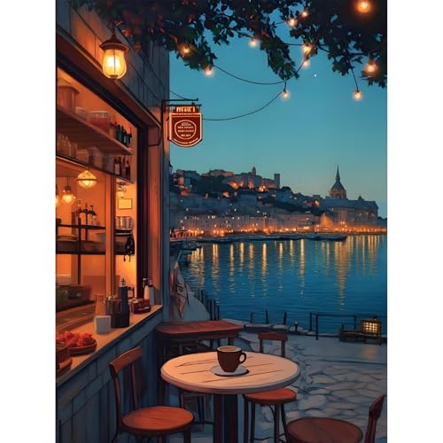 Kits de arte de diamantes de café, pintura de diamante de paisaje de ciudad 5D para adultos, kits de gemas redondas completas para regalo, decoración de pared del hogar, 12 x 16 pulgadas