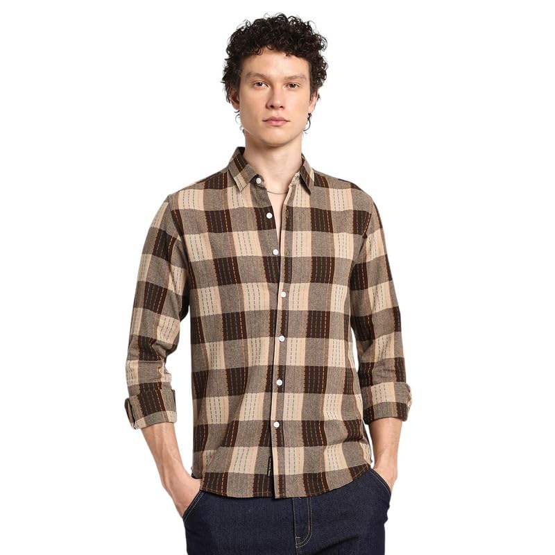 Image of CAHOOT Men's Polycotton Abstract-Textu Shirt |Casual-Wear | Spread Collar | Long Sleeve | Button Closure | Shirt Crafted with Comfort Fit for Everyday Wear