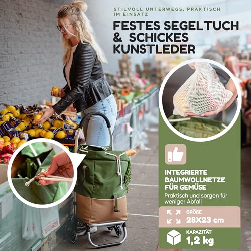 TrayTrol Einkaufstrolley klappbar mit Treppenläufer - Einkaufen ohne Schleppen - Einkaufswagen, Einkaufsroller, Trolley Shopper, Einkaufstasche Rollen, Hackenporsche, Shopping Trolley Bag (grün/beige) – Bild 4